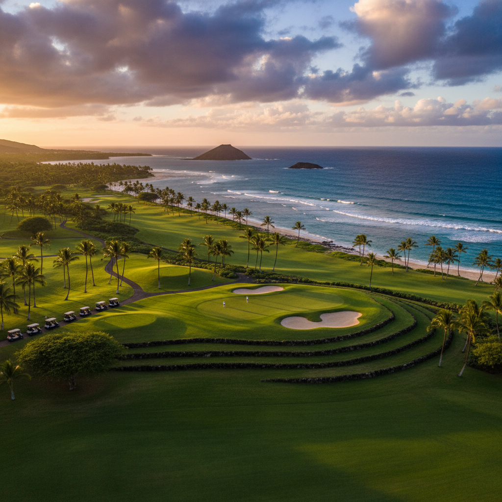 A golfer putting on a lush green course with palm trees and the Pacific Ocean in the background during summer in Hawaii.