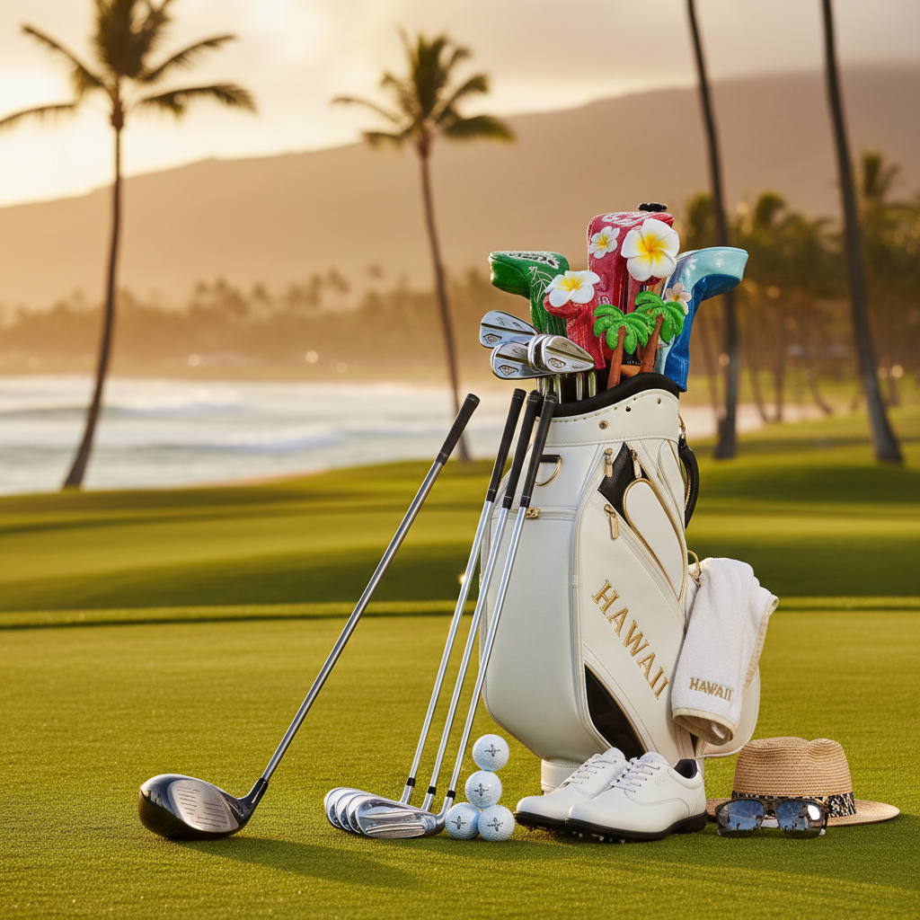 Golf bag with clubs overlooking a beautiful Hawaii golf course at sunset with palm trees and ocean in the background