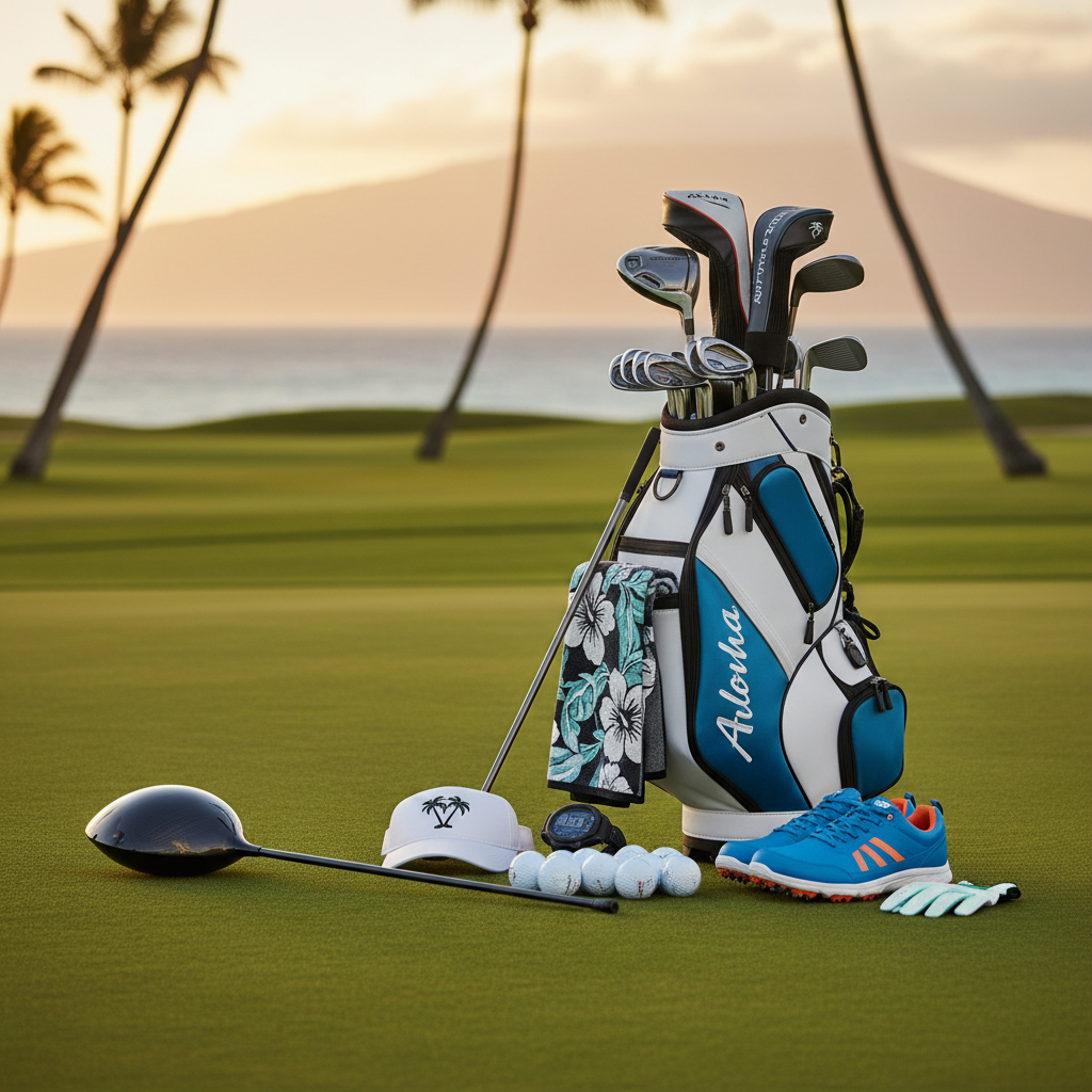 A golf bag with clubs on a sunny Hawaiian golf course overlooking the ocean, with a wide-brimmed hat and sunglasses resting on the bag.