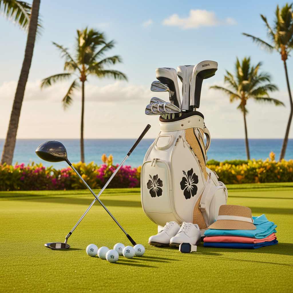 A golfer wearing a wide-brimmed hat and sunglasses, playing on a lush Hawaiian golf course with the ocean in the background