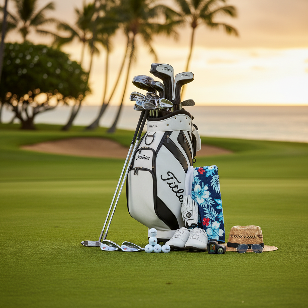 A golfer on a scenic Hawaii golf course with ocean views, wearing appropriate sun protection and golf apparel.