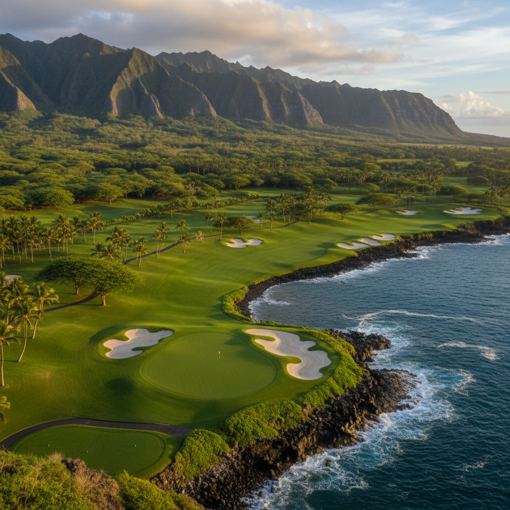 Dramatic aerial view of Manele Golf Course's clifftop holes overlooking Hulopo'e Bay on Lanai.