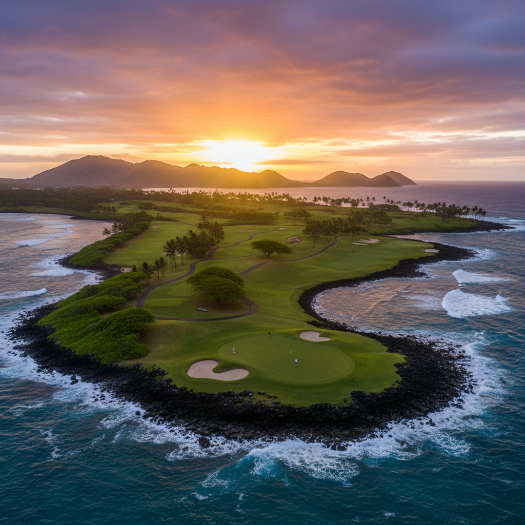 Golfer teeing off on a beautiful oceanfront course in Hawaii with palm trees and a clear blue sky