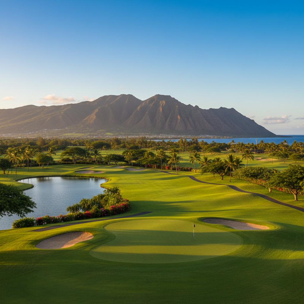 A scenic view of a green at Ewa Villages Golf Course with palm trees and bunkers under a blue sky.