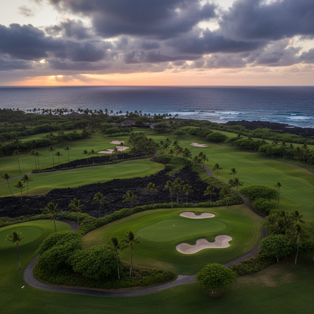 Golf course in Hawaii with lush green fairways, palm trees, and ocean in the background under a partly cloudy sky.