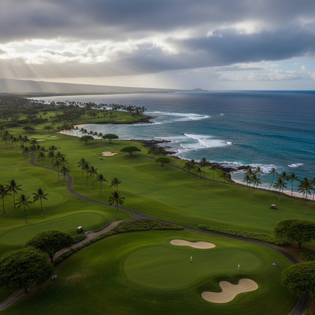 Panoramic view of the Kapalua Plantation Course with golfers, ocean, and Maui mountains in the background during the Sentry Tournament of Champions.