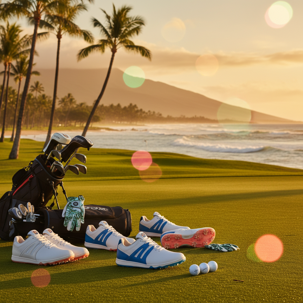 A pair of modern, breathable golf shoes resting on a lush green golf course in Hawaii with palm trees and ocean in the background.