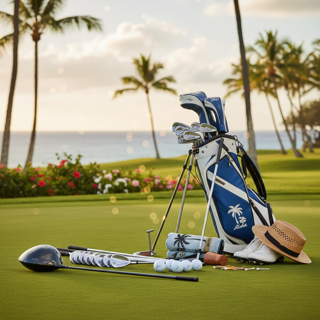A golfer in a breathable polo and shorts, wearing a wide-brimmed hat, playing golf on a lush green course in Hawaii with the ocean and palm trees in the background.