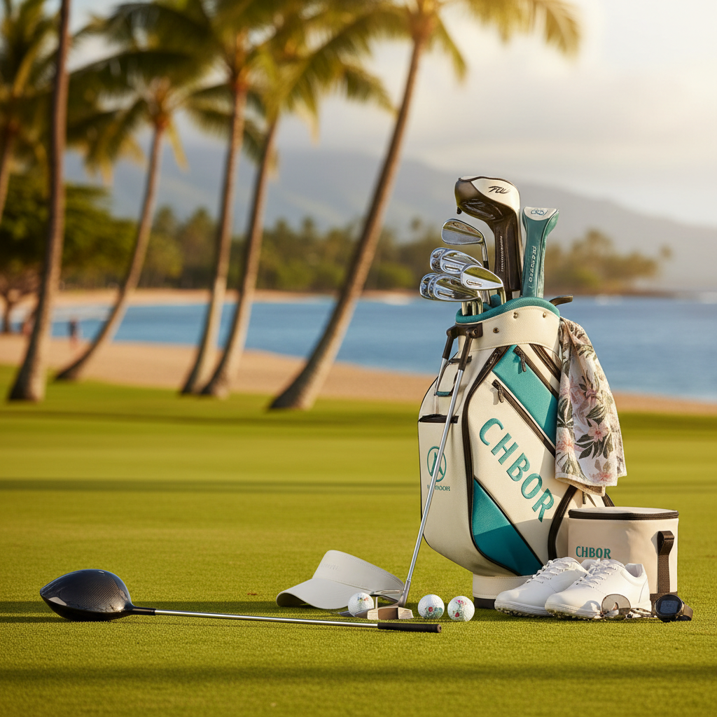 Golf bag packed with clubs and gear, standing on a lush Hawaiian golf course overlooking the ocean.