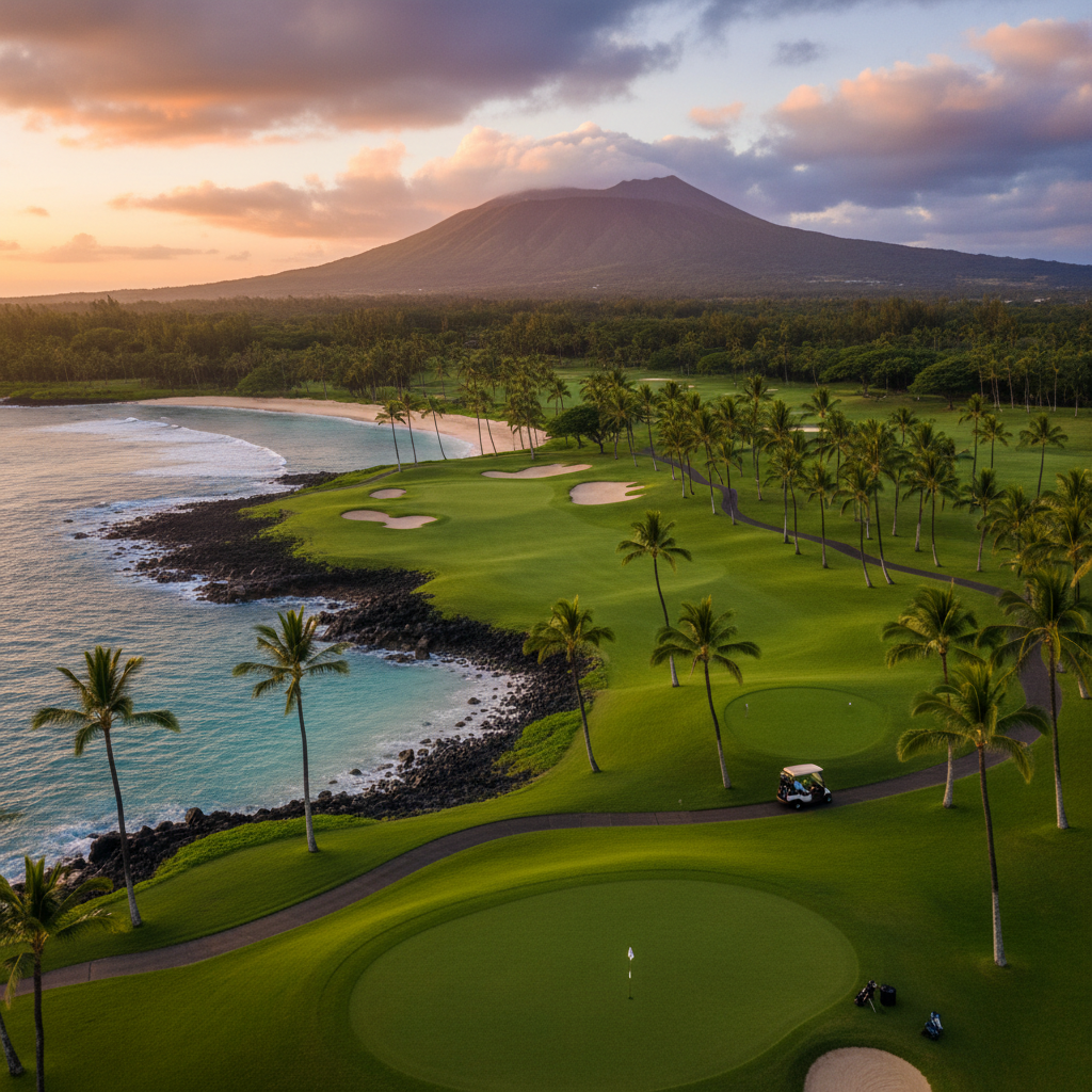 Golfer teeing off on a beautiful Hawaiian golf course overlooking the ocean at sunset, with palm trees and volcanic mountains in the background.