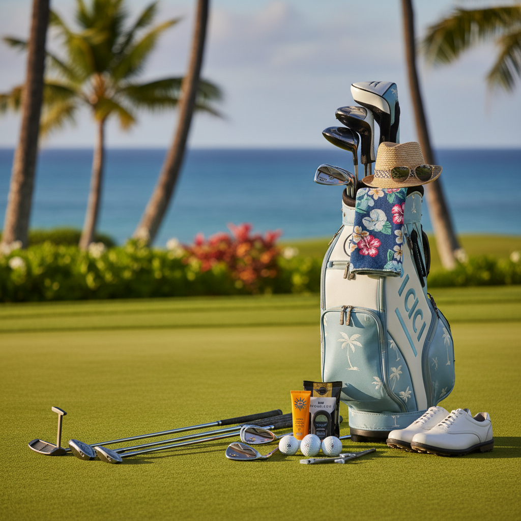 A golf bag packed with essential gear, including a waterproof jacket, golf shoes, and a wide-brimmed hat, sitting on a lush Hawaii golf course with ocean views in the background.