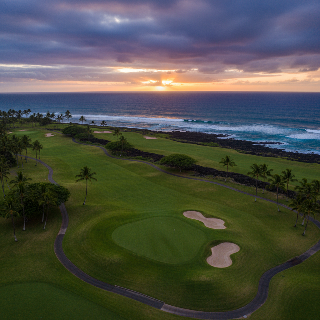 Aerial view of Kapalua Plantation Course in Maui during the Sentry Tournament of Champions, with ocean in the background and a golfer on the green.