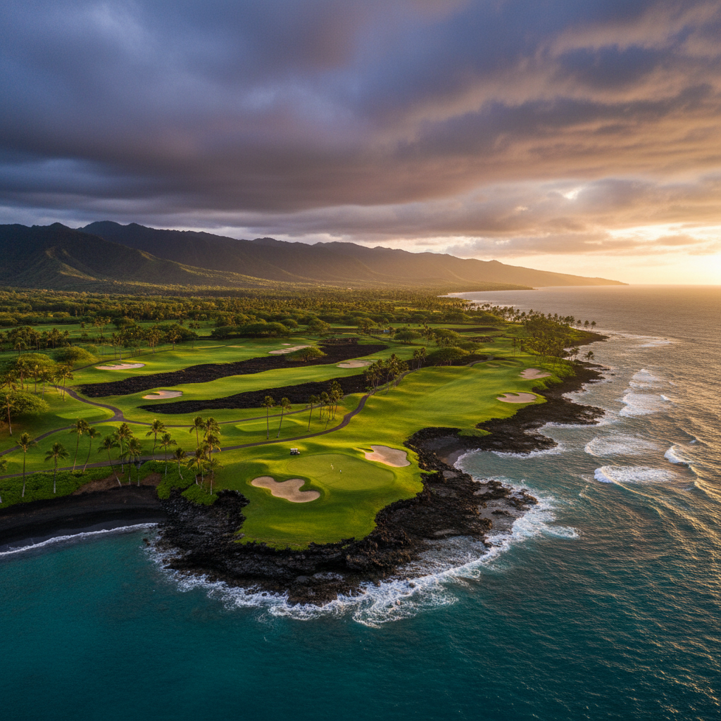 A golfer on the 18th hole of Kapalua Plantation Course overlooking the Pacific Ocean during The Sentry tournament