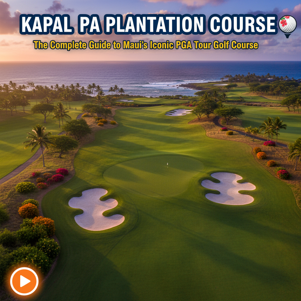 Panoramic view of the 18th hole at Kapalua Plantation Course with the Pacific Ocean and Molokai in the background