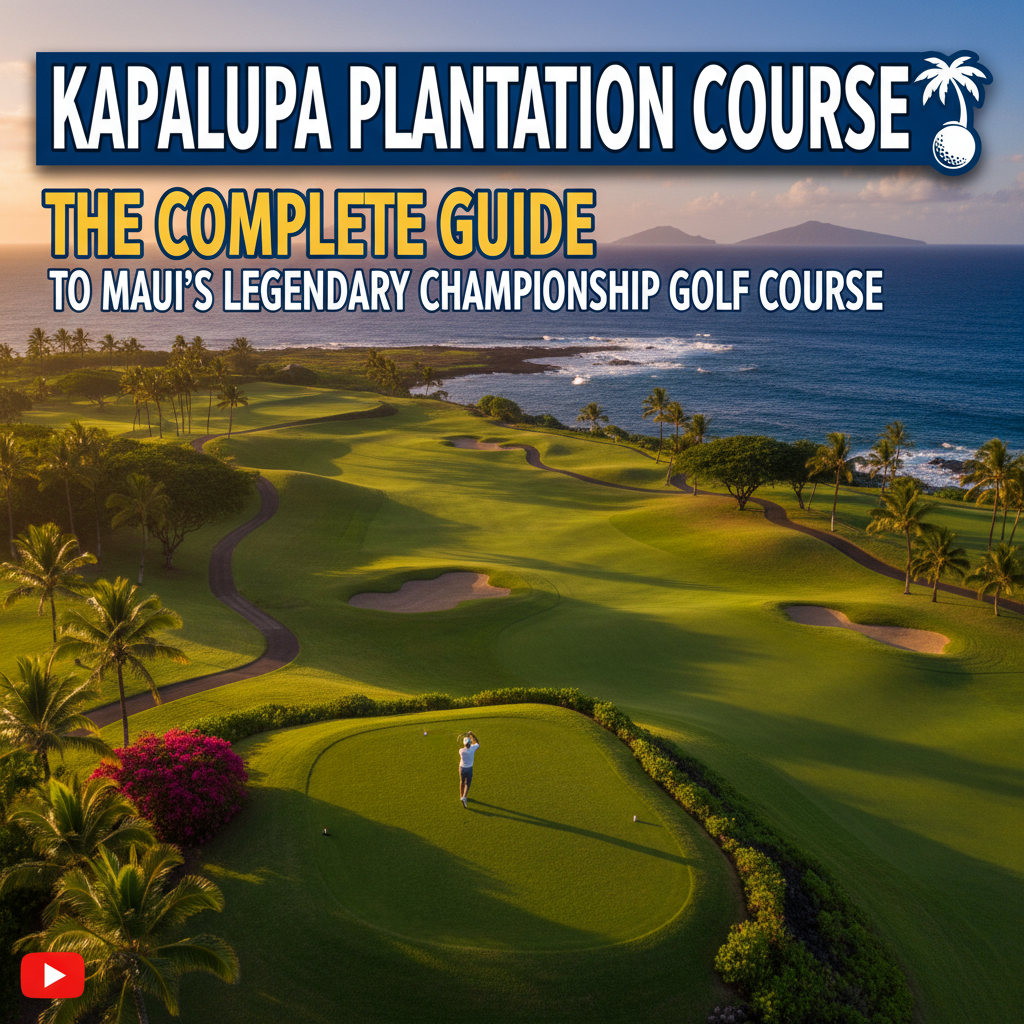 Panoramic view of the Kapalua Plantation Course with lush fairways, dramatic elevation changes, and the Pacific Ocean in the background under a blue sky.