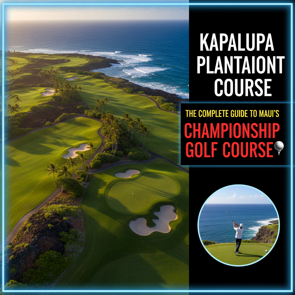 Panoramic view of Kapalua Plantation Course 18th hole with ocean and Molokai in background