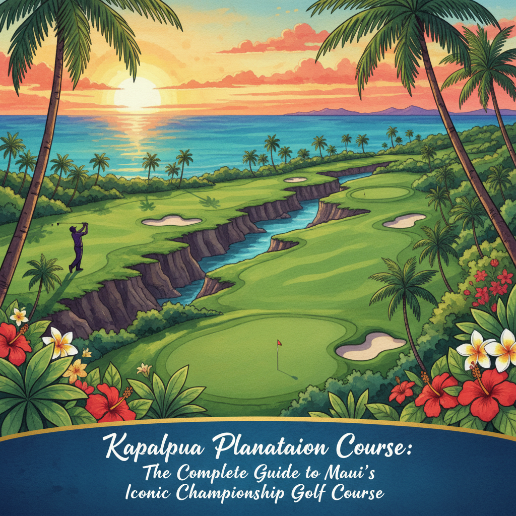Panoramic view of Kapalua Plantation Course with ocean and Molokai in the background