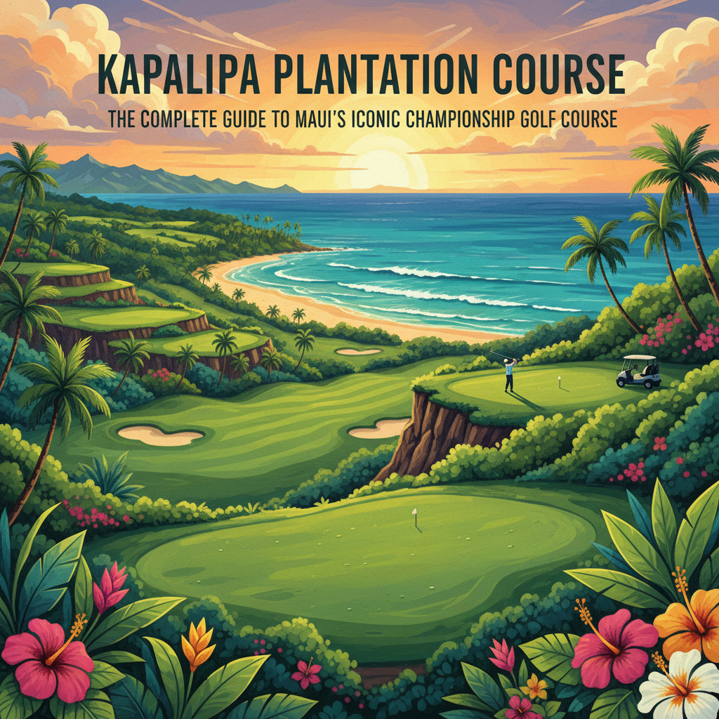 Panoramic view of the 18th hole at Kapalua Plantation Course with the Pacific Ocean and Molokaʻi in the background