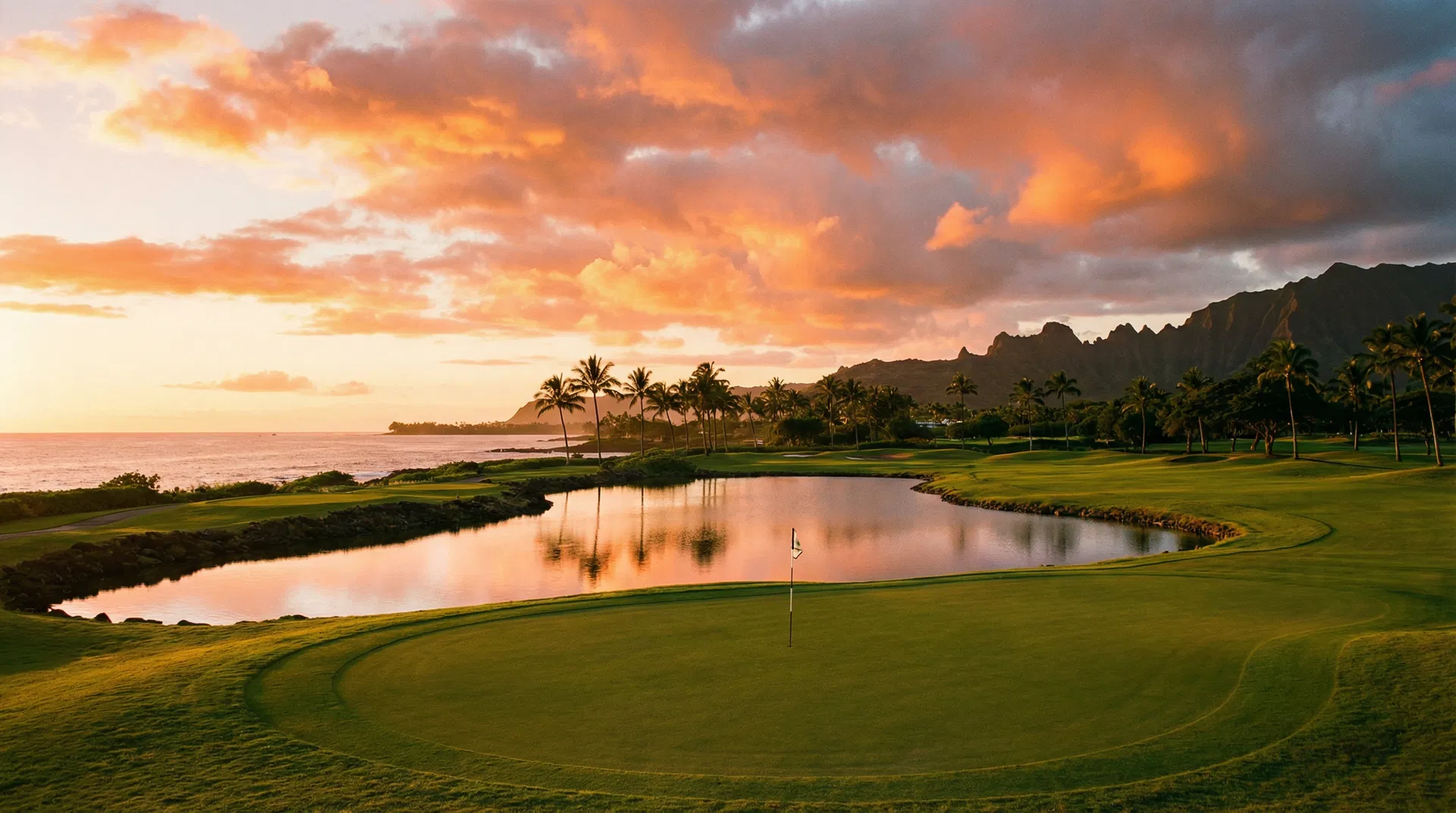 Stunning Hawaiian golf course at sunset