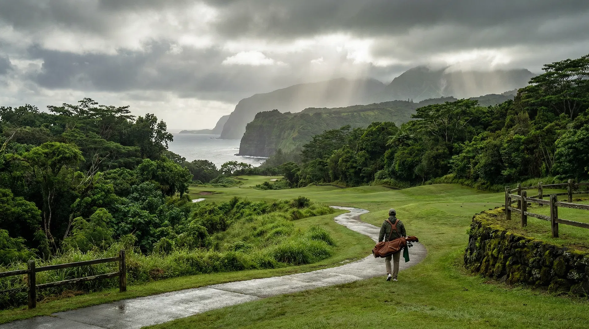 Scenic view of Hamakua Country Club golf course with ocean in the background and lush greenery