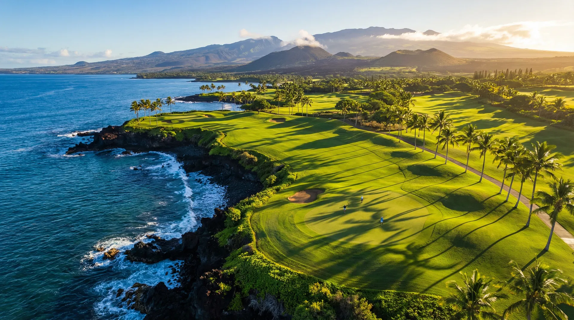 Aerial view of a Hawaiian golf course along the Pacific coast