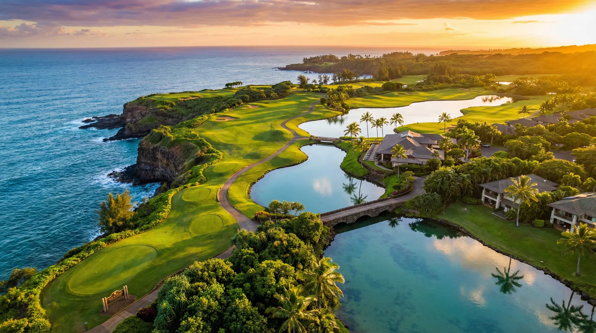 Aerial view of Kauai Lagoons Golf Club's oceanfront holes with crashing waves and lush green fairways