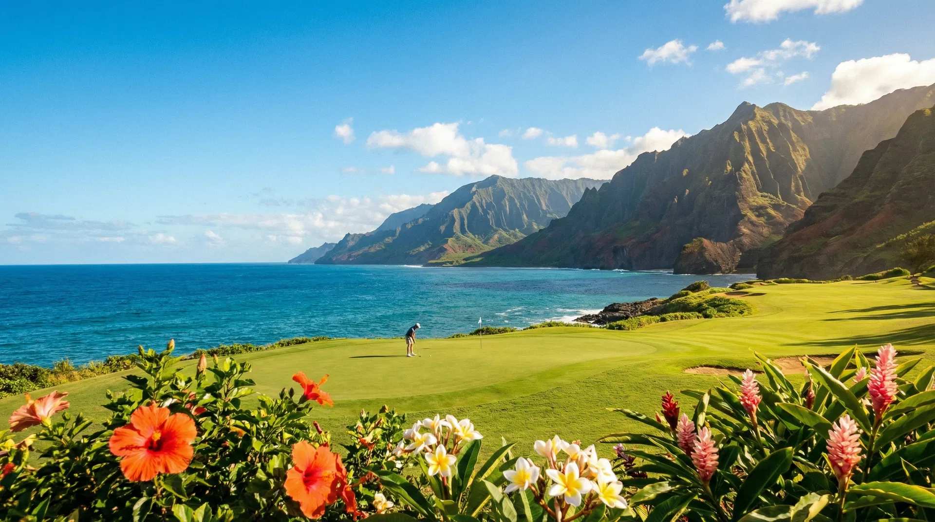 Panoramic view of Makai Golf Club's 7th hole on Kauai, with ocean cliffs and a green overlooking the Pacific