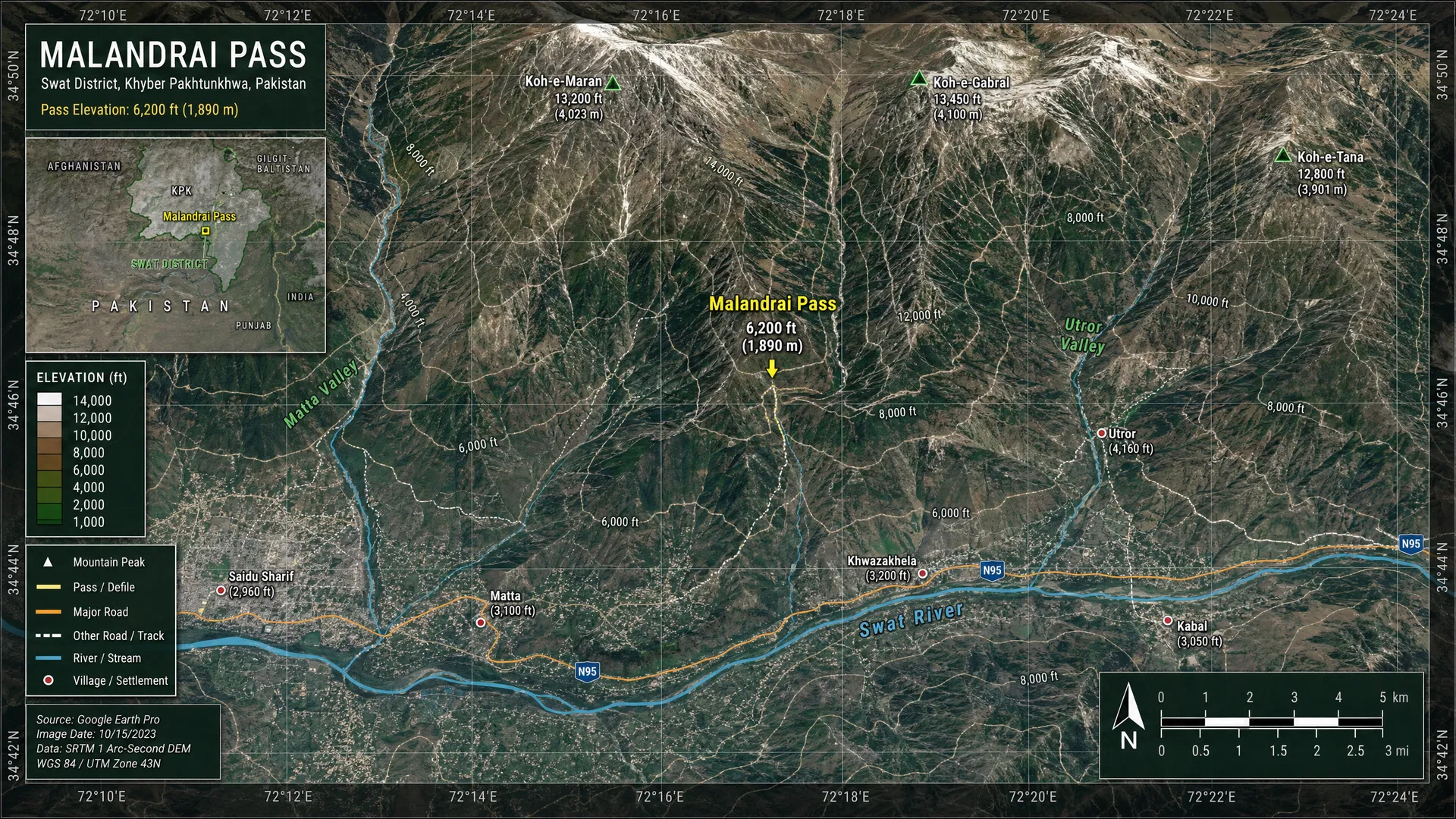 Satellite view of Malandrai Pass terrain