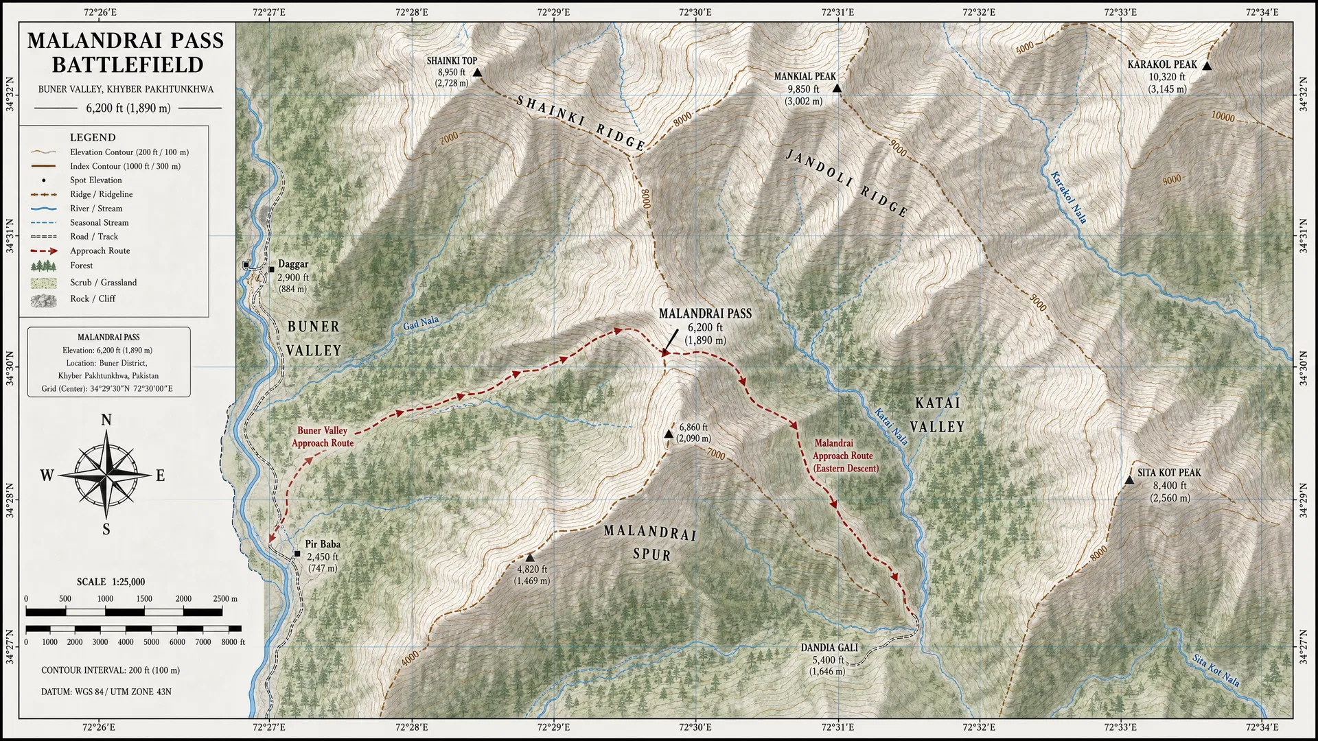 Topographic map of Malandrai Pass battlefield