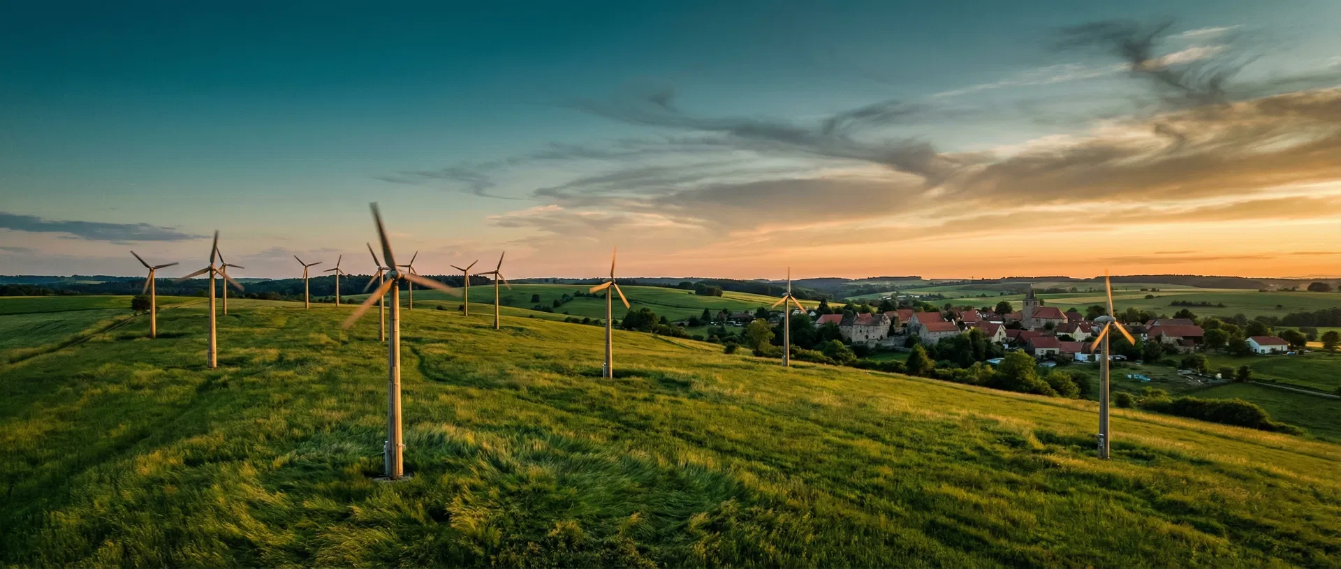 European wind turbines at sunset