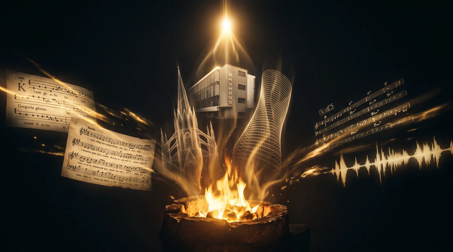 The Forge and the Song — fire, architecture, and music dissolving into light