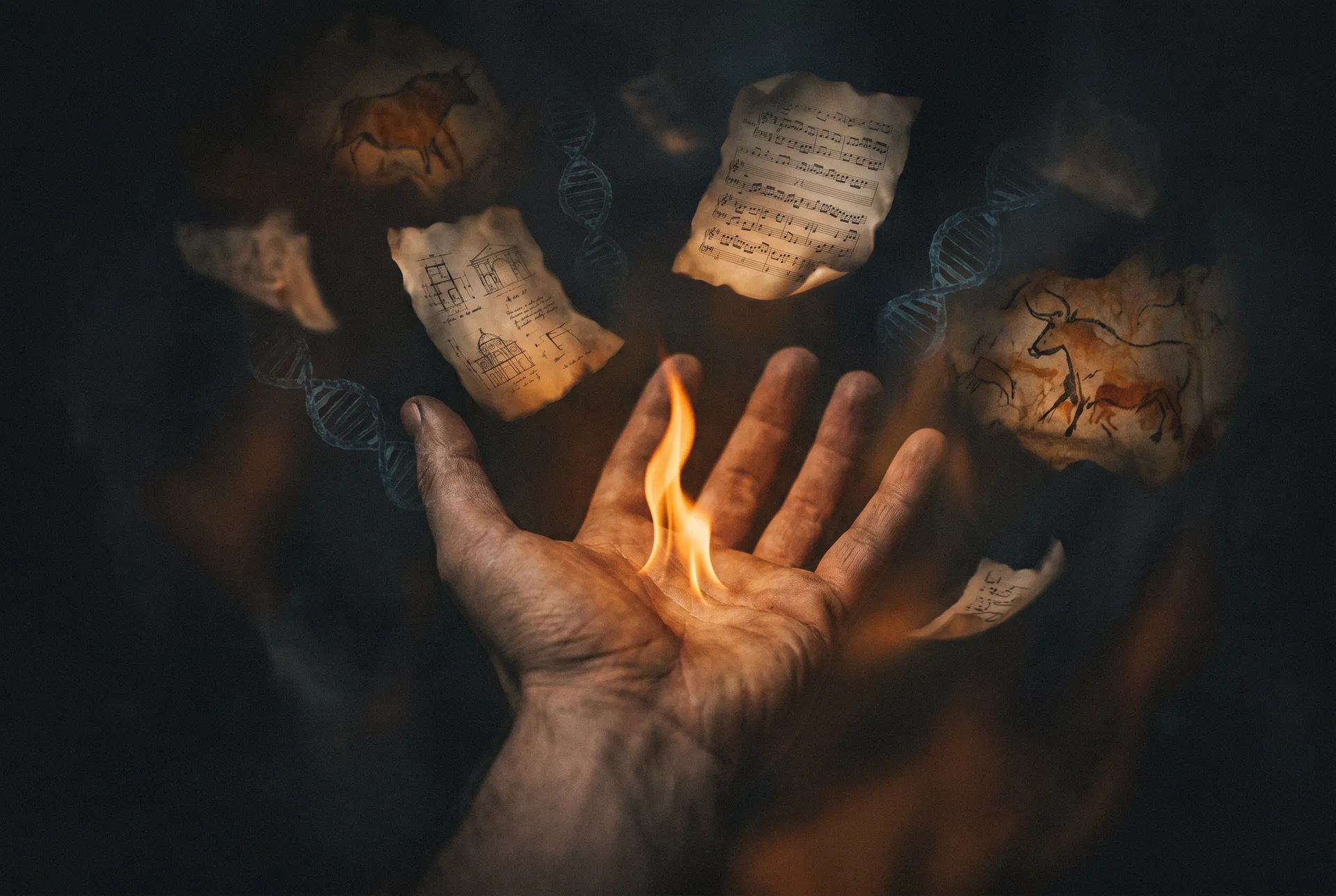 A hand holding a flame, surrounded by musical scores, architectural blueprints, DNA strands, and cave paintings