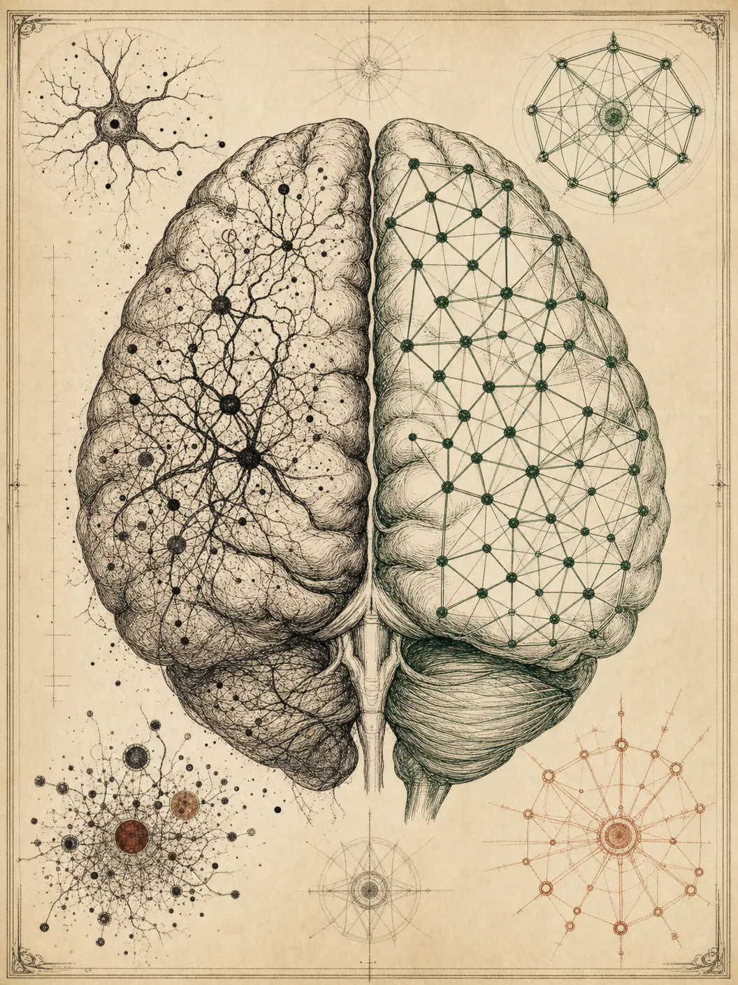 Brain diagram showing entropy (left hemisphere) and order (right hemisphere)