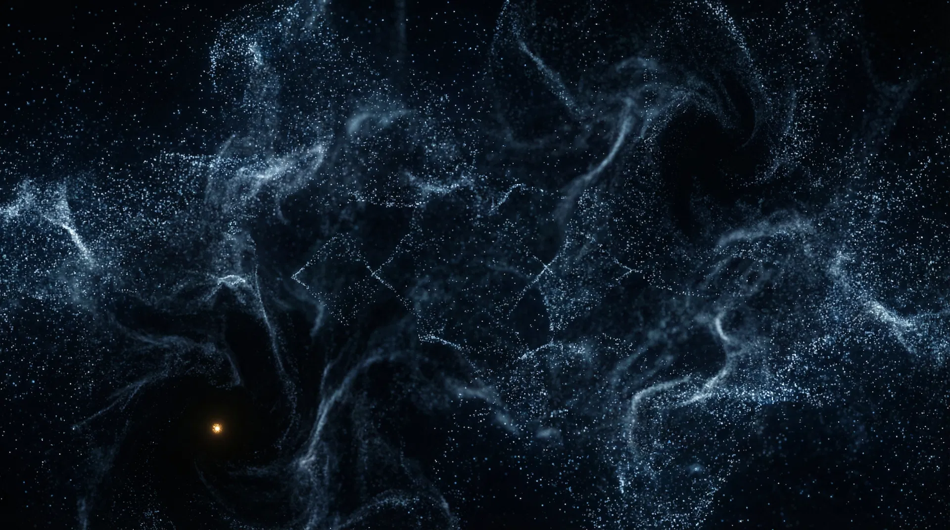 The Soup of Chaos — entropy field with a tiny amber flame of Intelligence