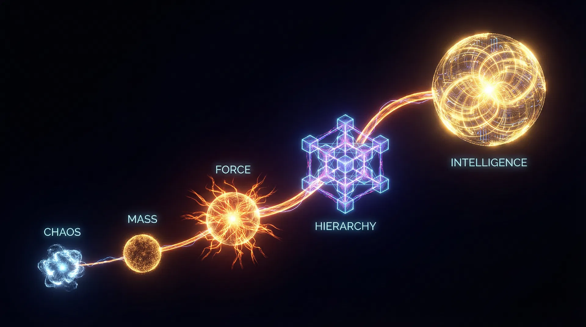 The cosmological sequence: Chaos → Mass → Force → Hierarchy → Intelligence