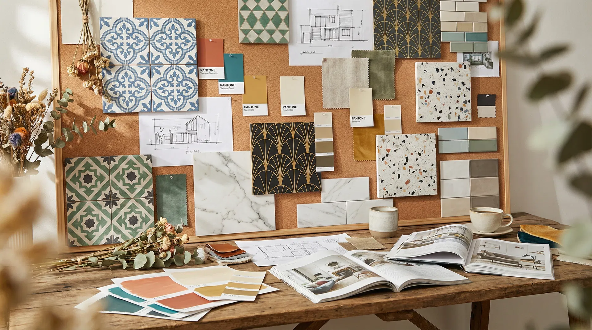 Designer's mood board with mixed tile looks, Pantone swatches, and sketches