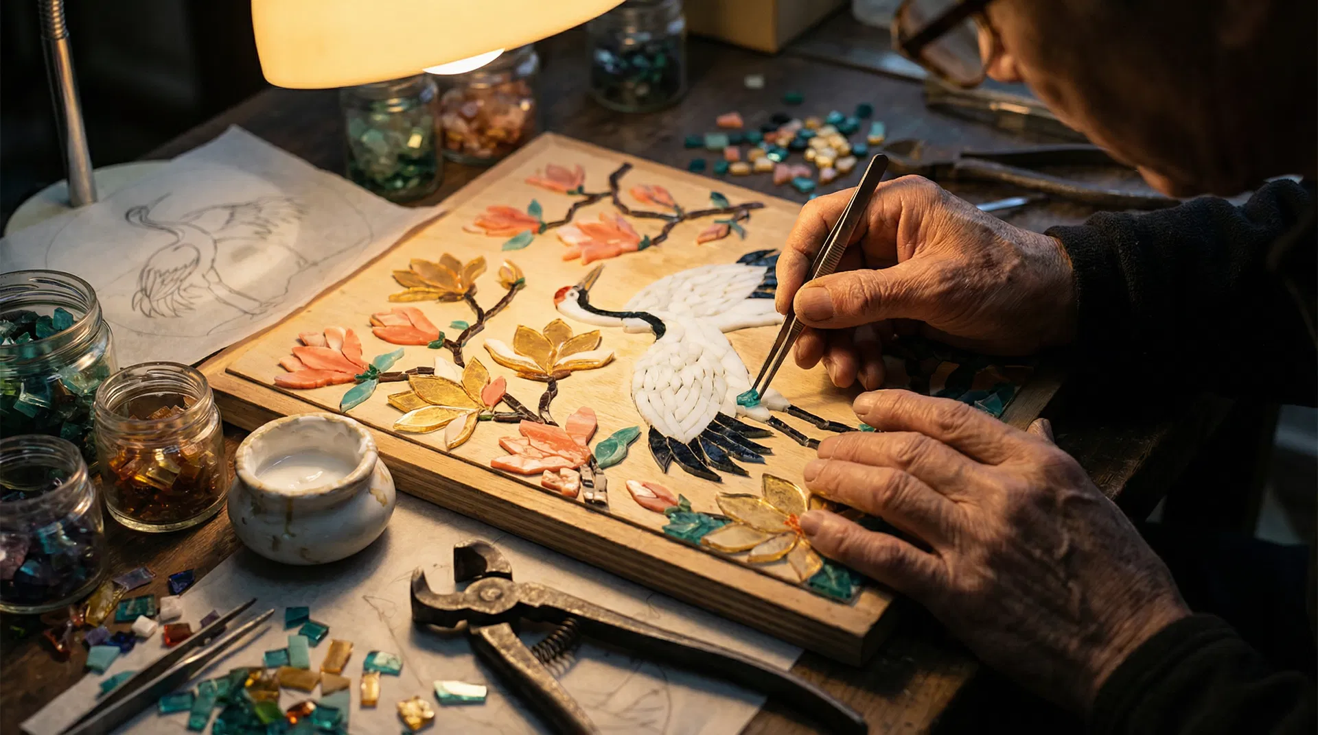 Artisan hands carefully placing glass tesserae to create a mosaic art piece