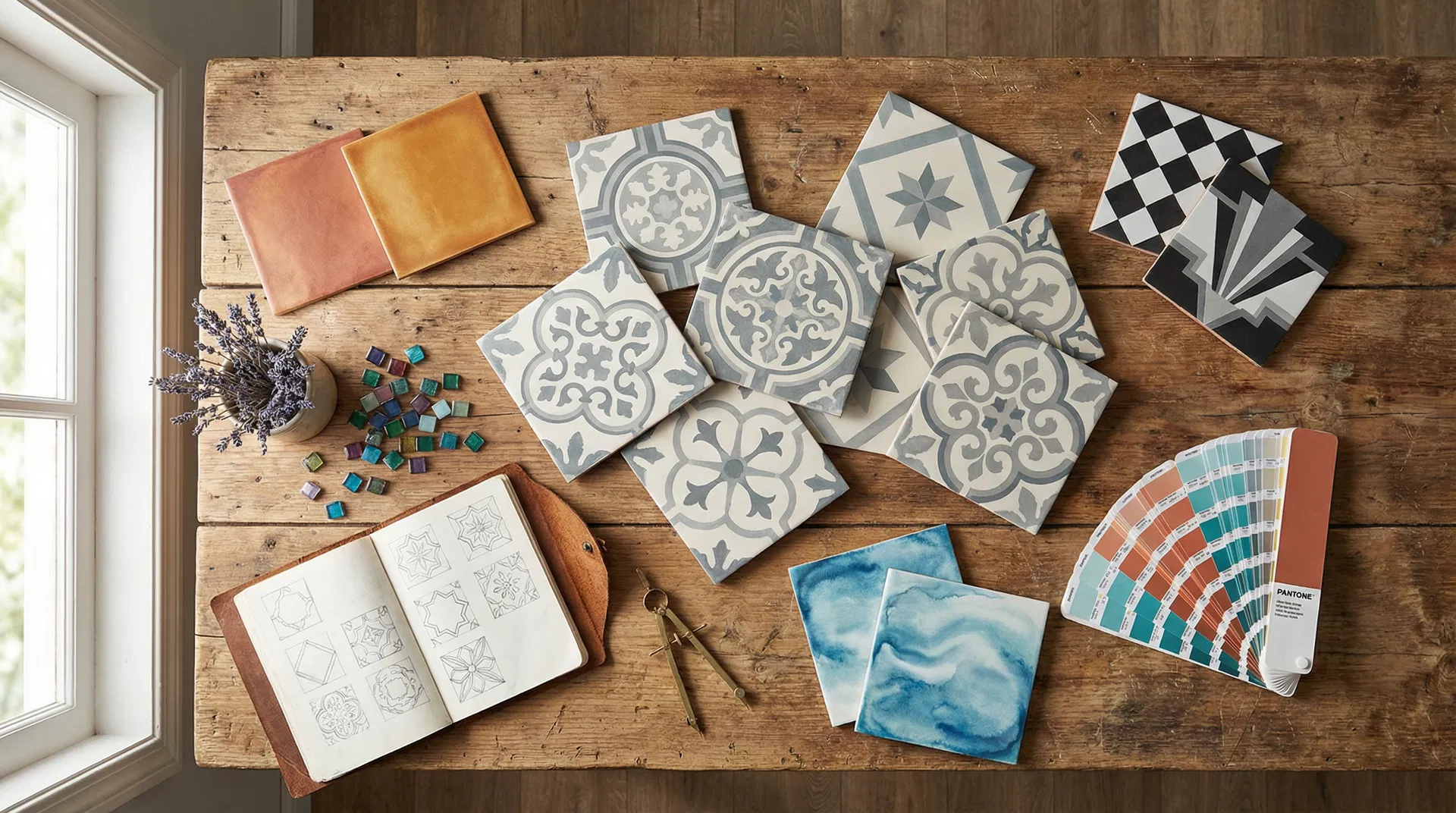 Artisan's worktable with handmade decorative tiles in encaustic, terracotta, and coastal styles