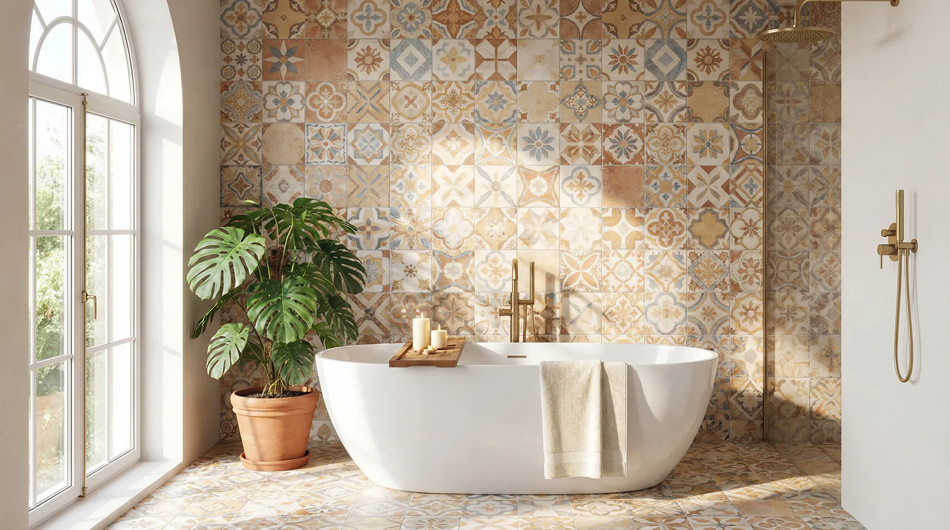 Bright Mediterranean bathroom with warm patterned encaustic tiles and freestanding bathtub