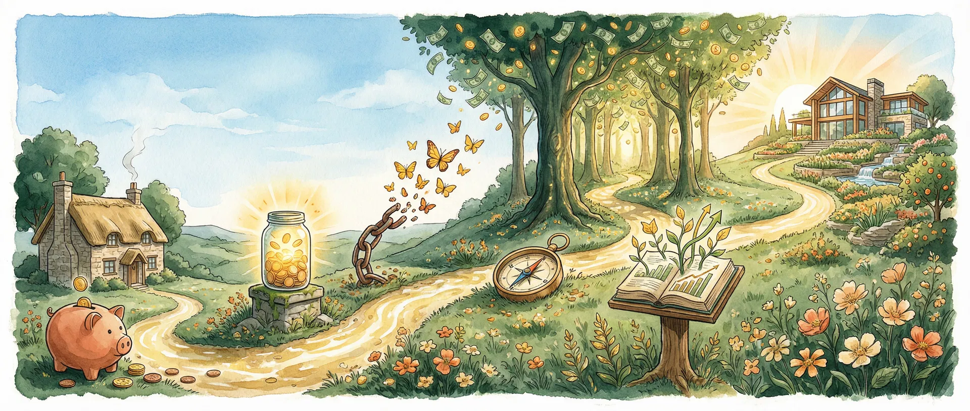 Financial wealth journey watercolor illustration