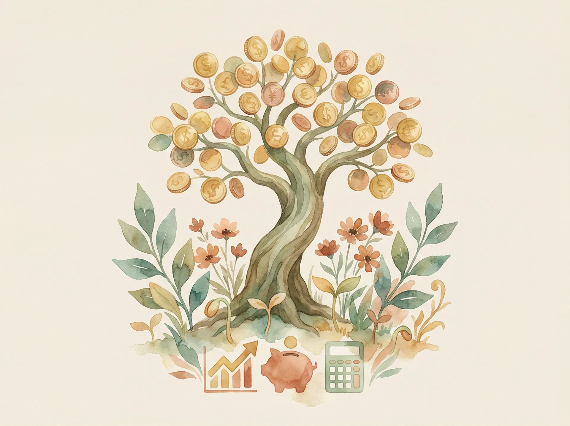 Watercolor illustration of a money tree with gold coins, botanical elements, and financial symbols