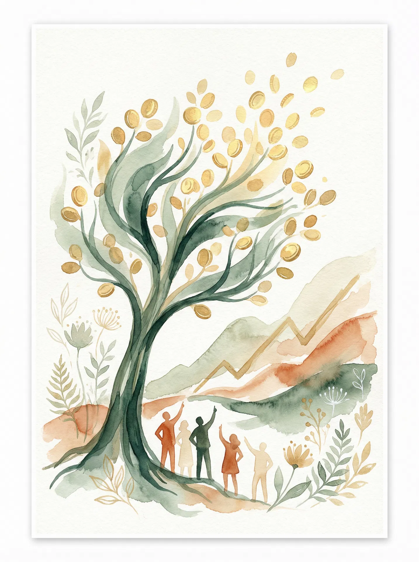 Wealth building illustration — money tree with gold coins