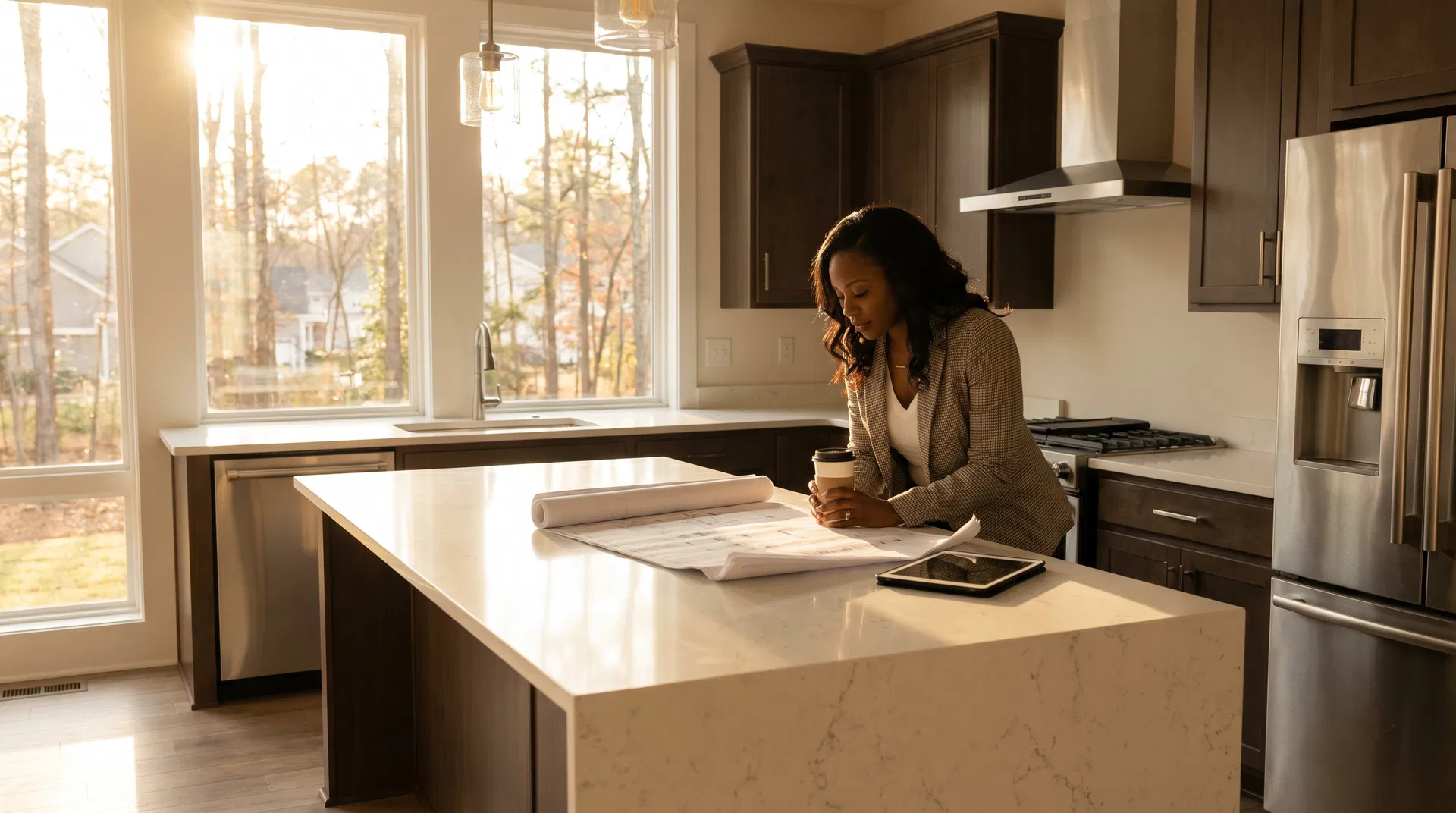 Black woman reviewing architectural floor plans on a kitchen island inside a new construction home in Pineville NC