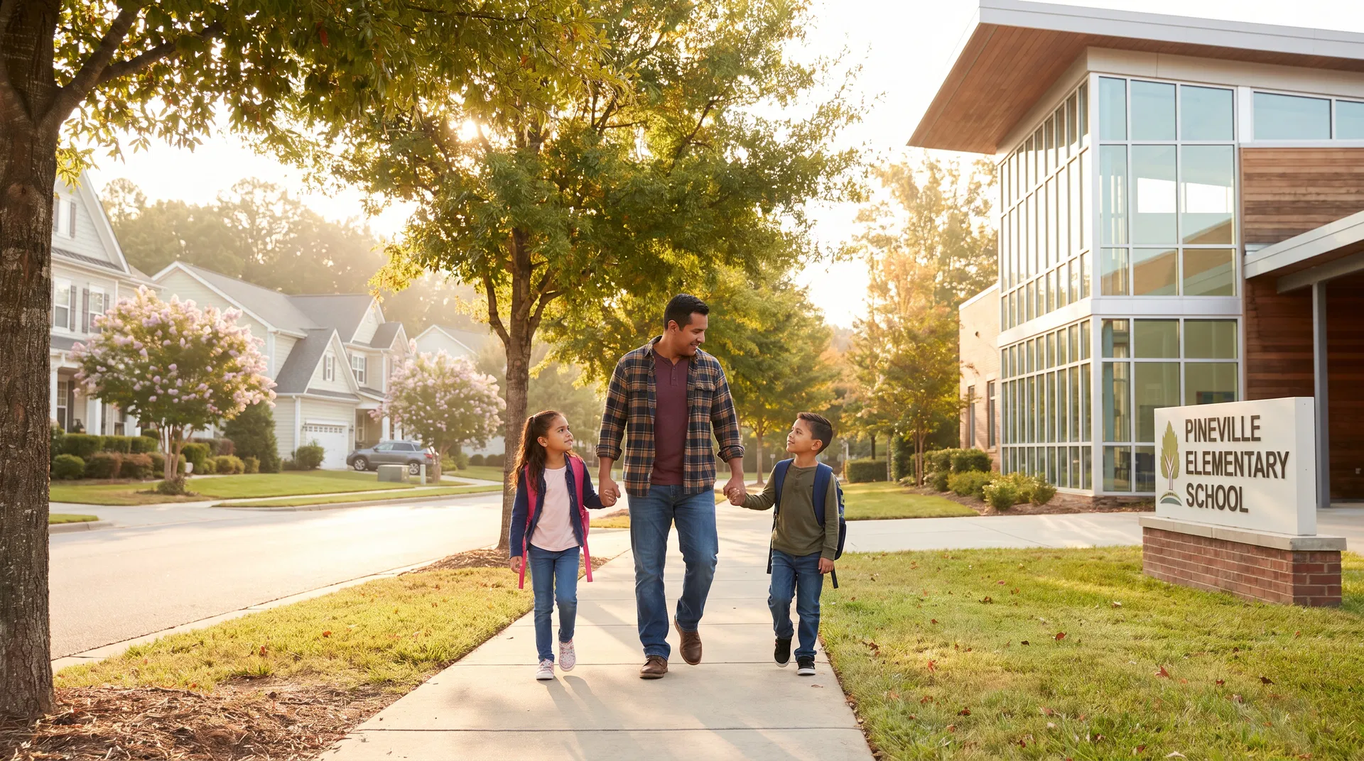 Hispanic father walking two children to Pineville Elementary School on a tree-lined sidewalk in a well-maintained South Charlotte neighborhood