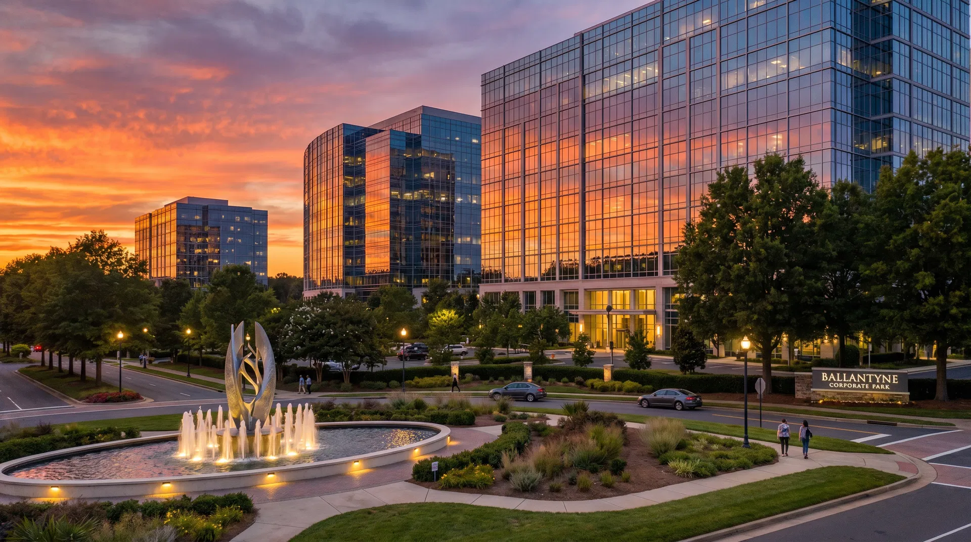 Ballantyne Corporate Park at dusk in Charlotte NC, modern glass office towers reflecting sunset sky with fountain and manicured campus