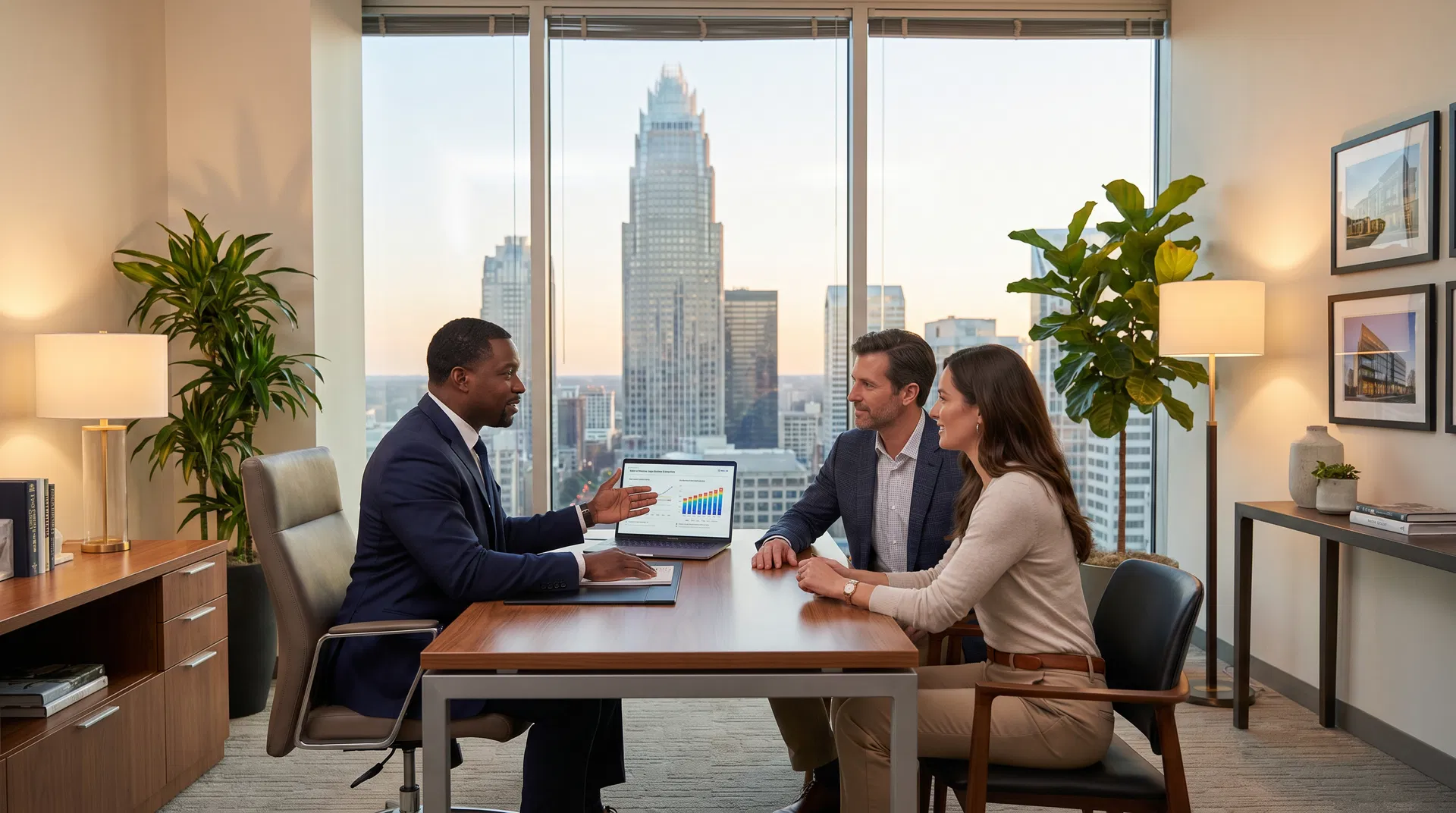Real estate advisor reviewing Ballantyne neighborhood market data with homebuyers in Charlotte NC office with skyline view