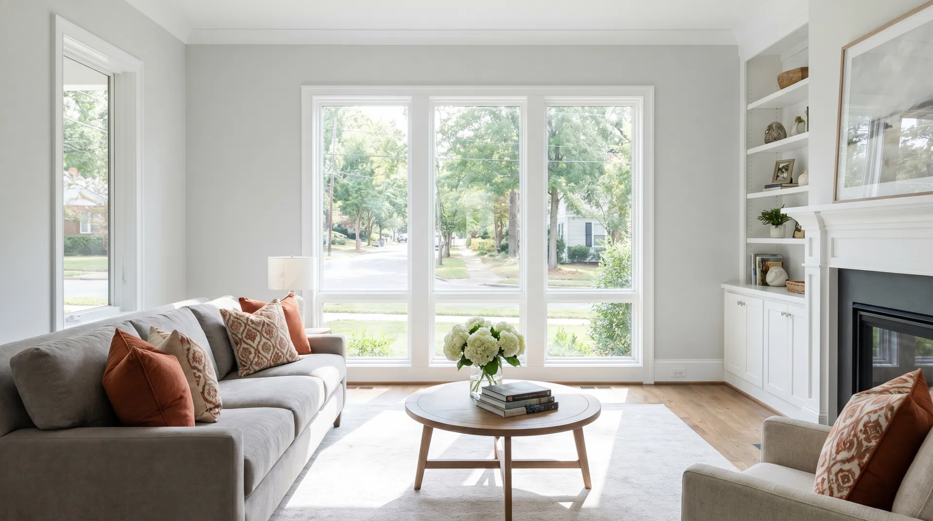 Beautifully staged Charlotte NC home living room with neutral gray walls, modern furniture, fresh hydrangeas, and natural light through large windows