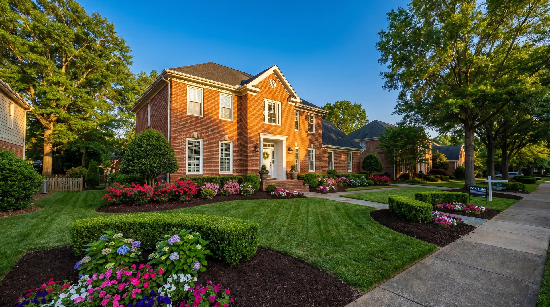 Brick home in Charlotte NC neighborhood with excellent curb appeal, freshly mulched flower beds, trimmed hedges, and green lawn listed for sale