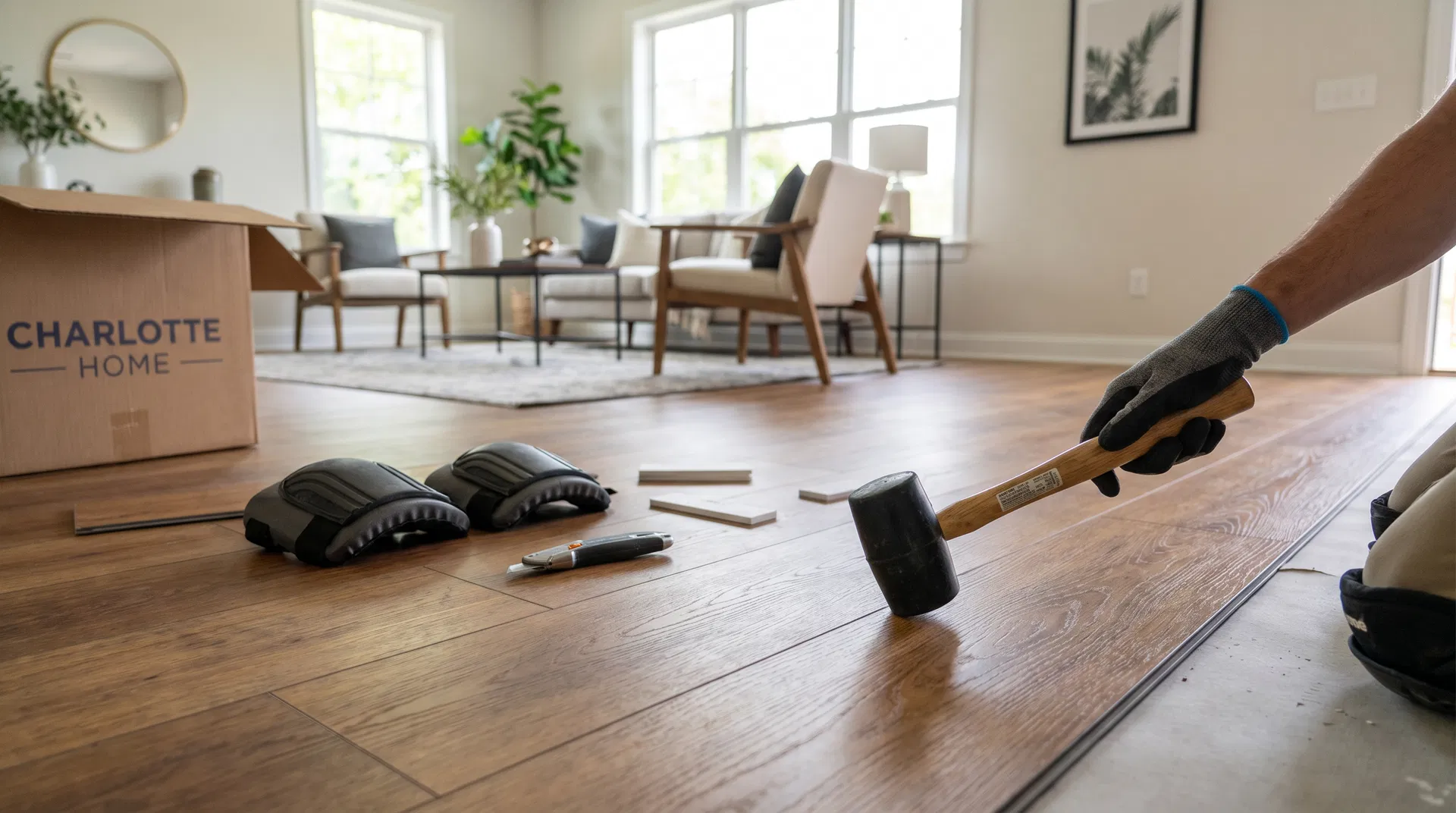 Luxury vinyl plank flooring installation in Charlotte NC home living room, warm wood-tone planks, modern staged interior ready for listing