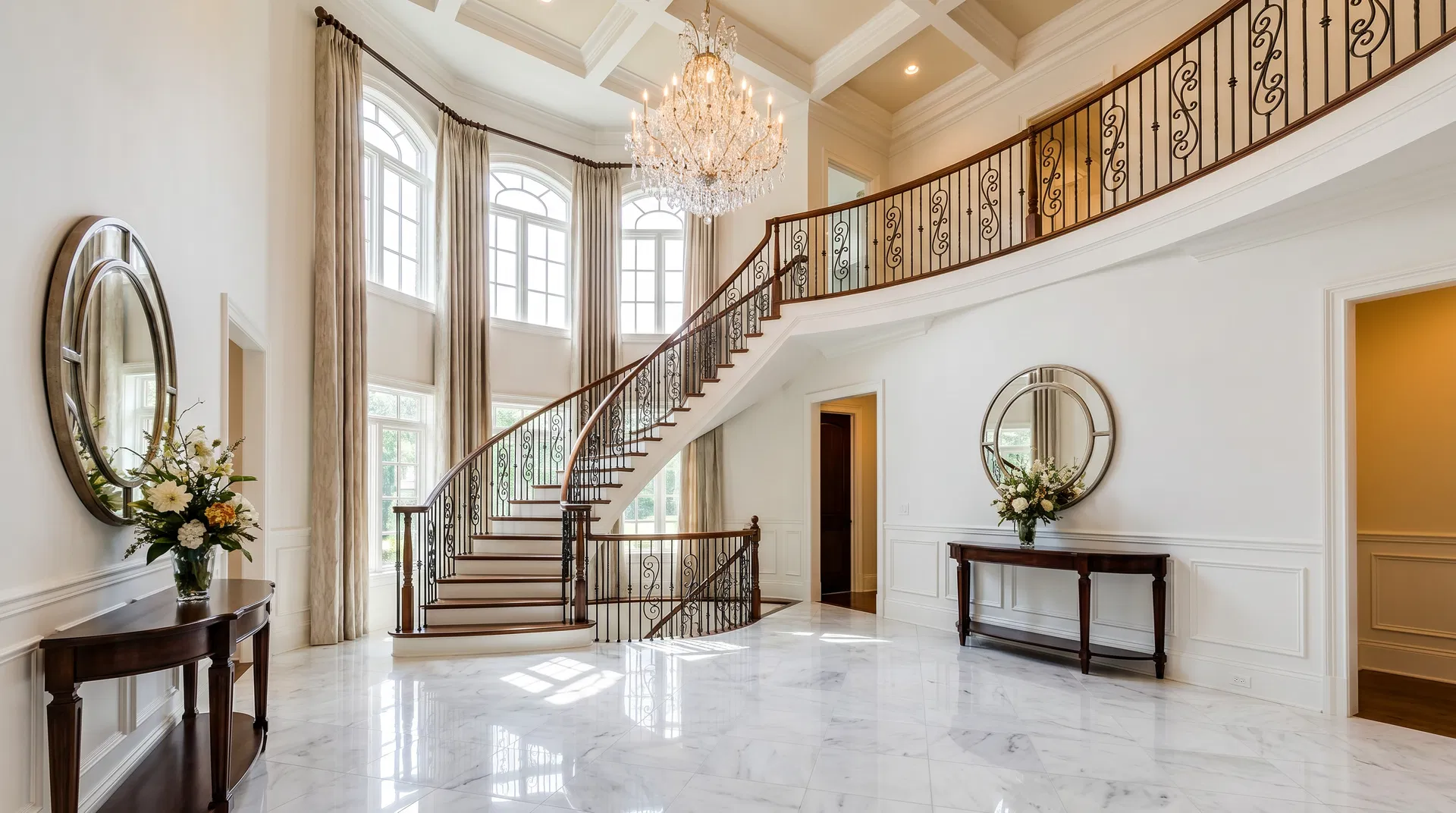 Interior of a luxury Charlotte NC home with grand two-story foyer, marble floors, curved staircase with iron railing, crystal chandelier, and tall windows